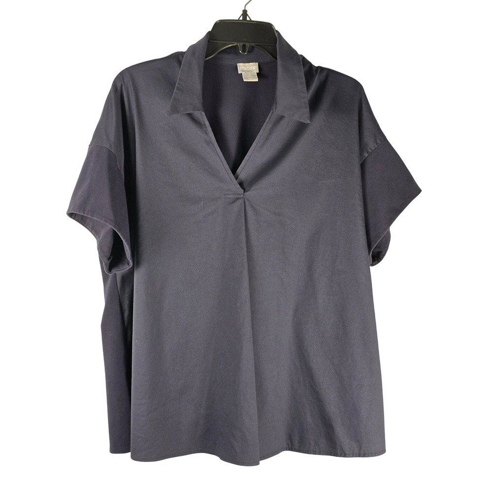 Chicos Navy Blue Mixed Media V-Neck Collar Top Short Sleeve Size 2 Large